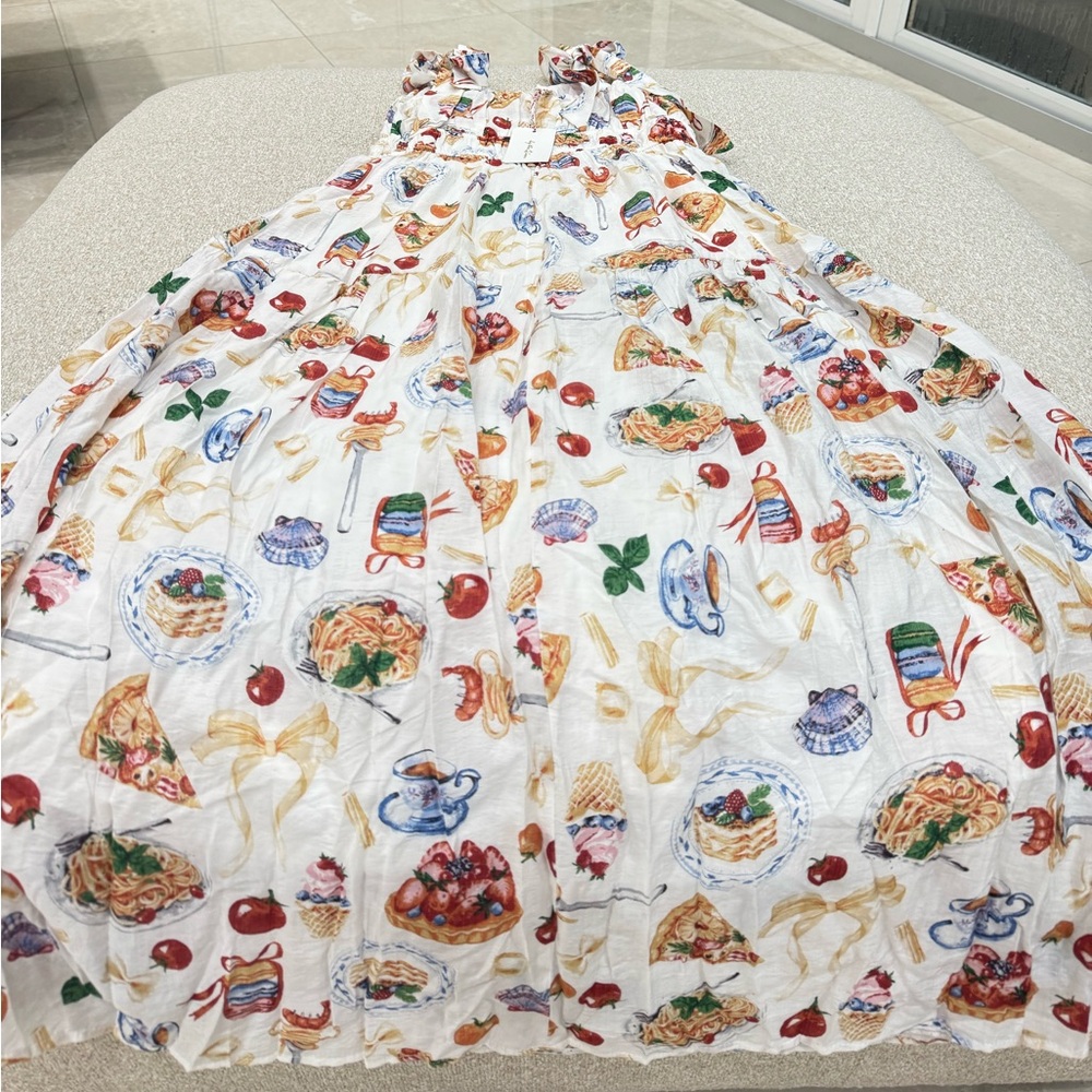 By The River Food Print Maxi Dress | Ruffle Tie Straps | NWT - Picture 2 of 6